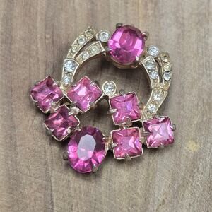 Vtg Joseph Wiesner NY Pink Clear Rhinestone Pendant Gold Tone Signed Glam